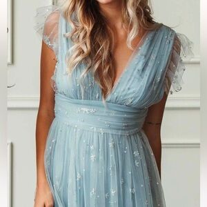 Morning Lavender Starry Eyed Glitter Star Mesh Maxi - Dusty Blue NWT